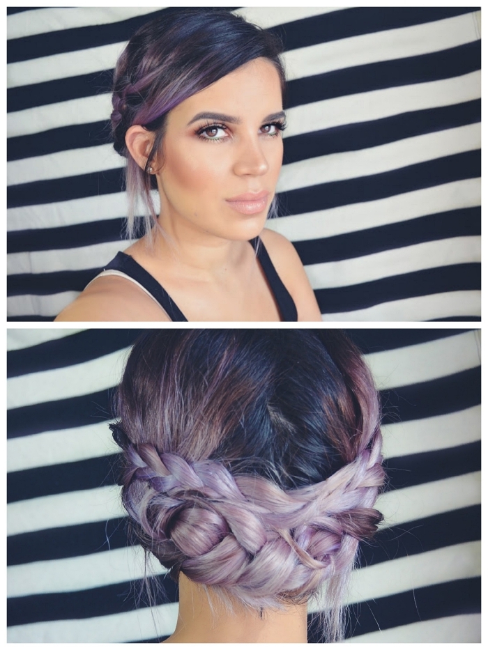 couleur de cheveux tendance 2019, chignon avec tresse bohème chic sur cheveux violet, coloration violette sur cheveux noirs 