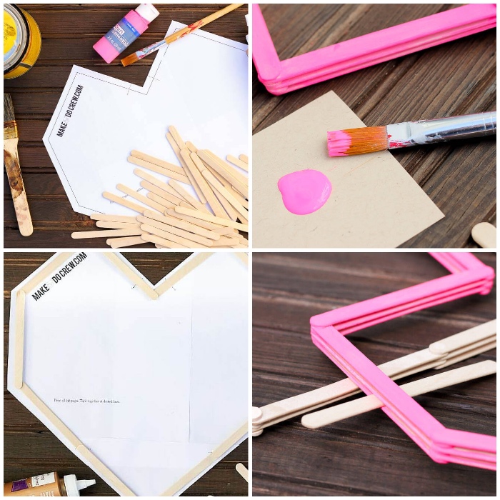 fabriquer des coeurs en batons et carton, peindre des bâtons en couleur rose