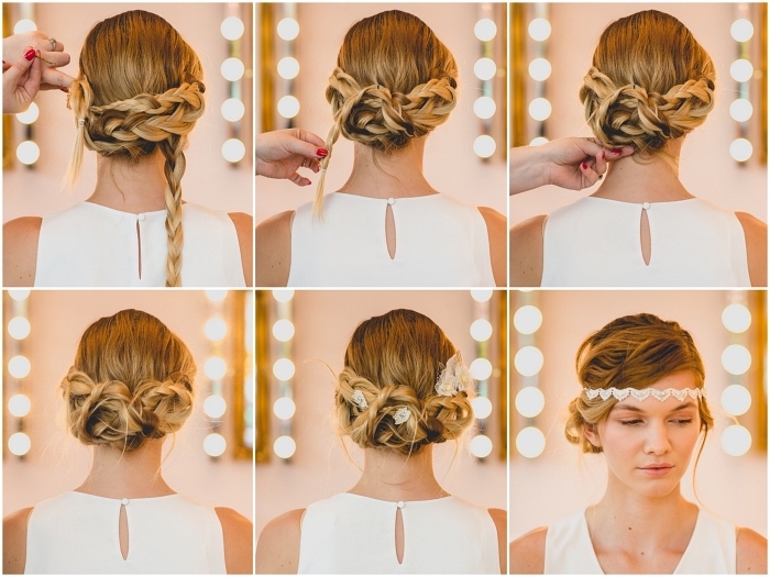 comment faire un chignon de mariée facile avec des tresses assemblées en bas de la nuque, coiffure de mariée bohème chic orné de headband vintage
