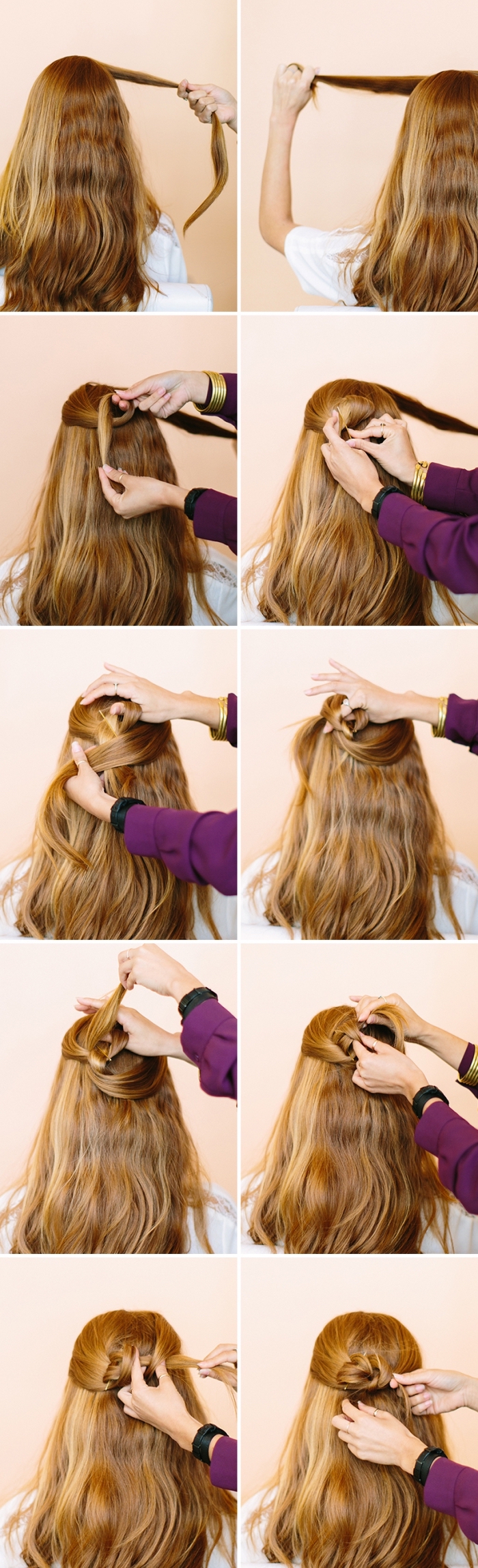 une coiffure féminine avec les mèches de côté, mèches entortillées en arrière de la tête pour en faire une rose de cheveux