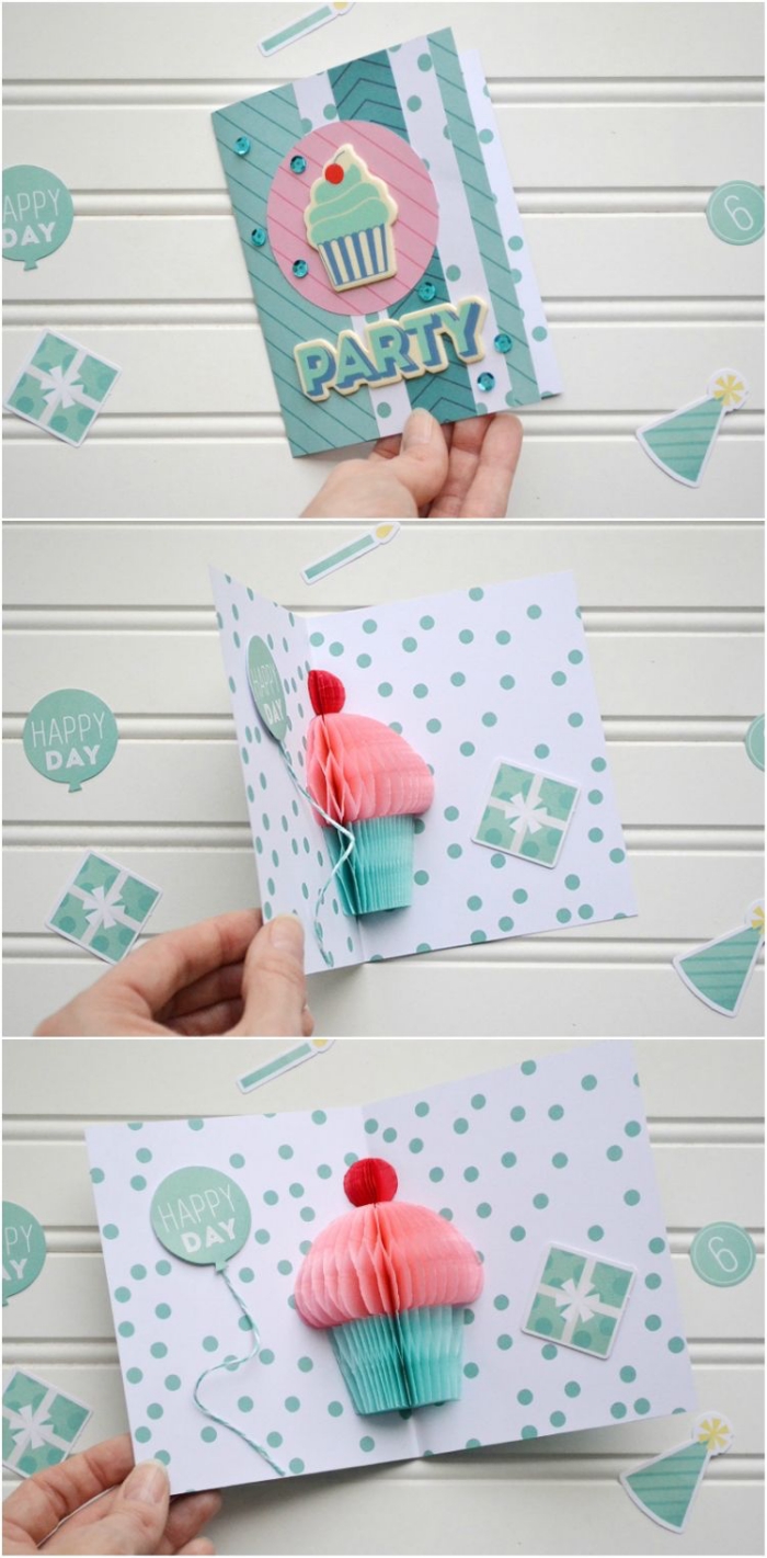 comment faire une carte d'anniversaire pop-up en blanc et vert décorée à l'intérieur d'un cupcake en papier de soie