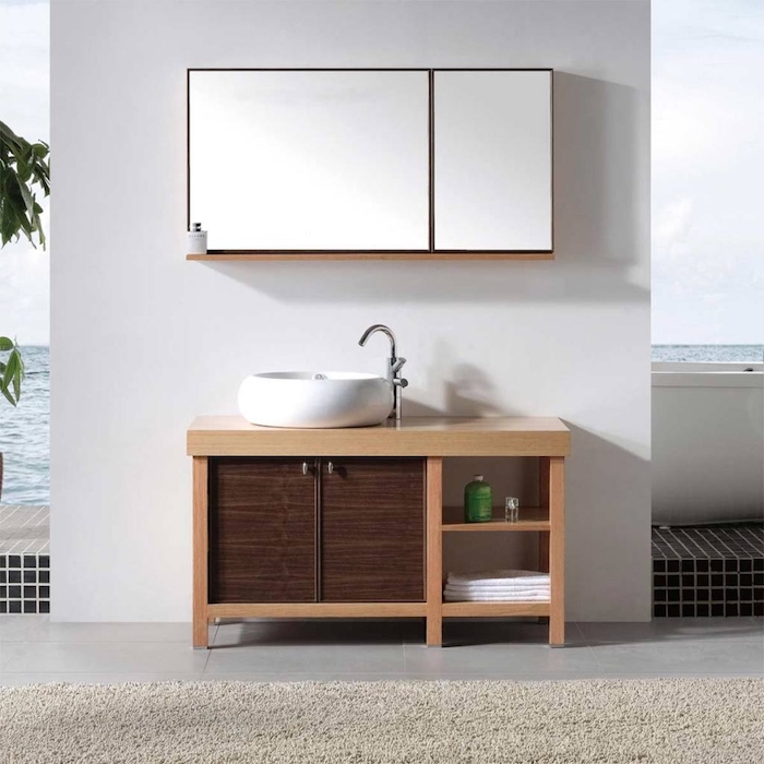Placard avec miroir grand, salle de bain noir et bois, salle de bain moderne et simple, lavabo ronde