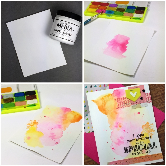 tutoriel pour personnaliser une carte de voeux aquarelle, carte d'anniversaire fille à effet tâches d'aquarelle en nuances du rose et du jaune