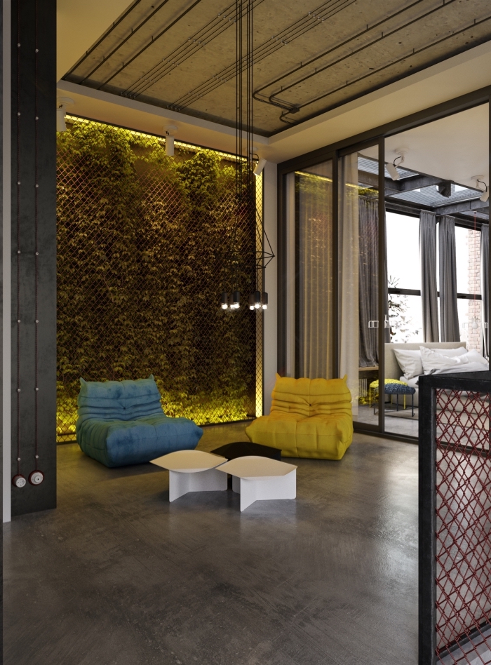 design intérieur contemporain dans un loft industriel, idée suspension industrielle à hauteur ajustable en fer