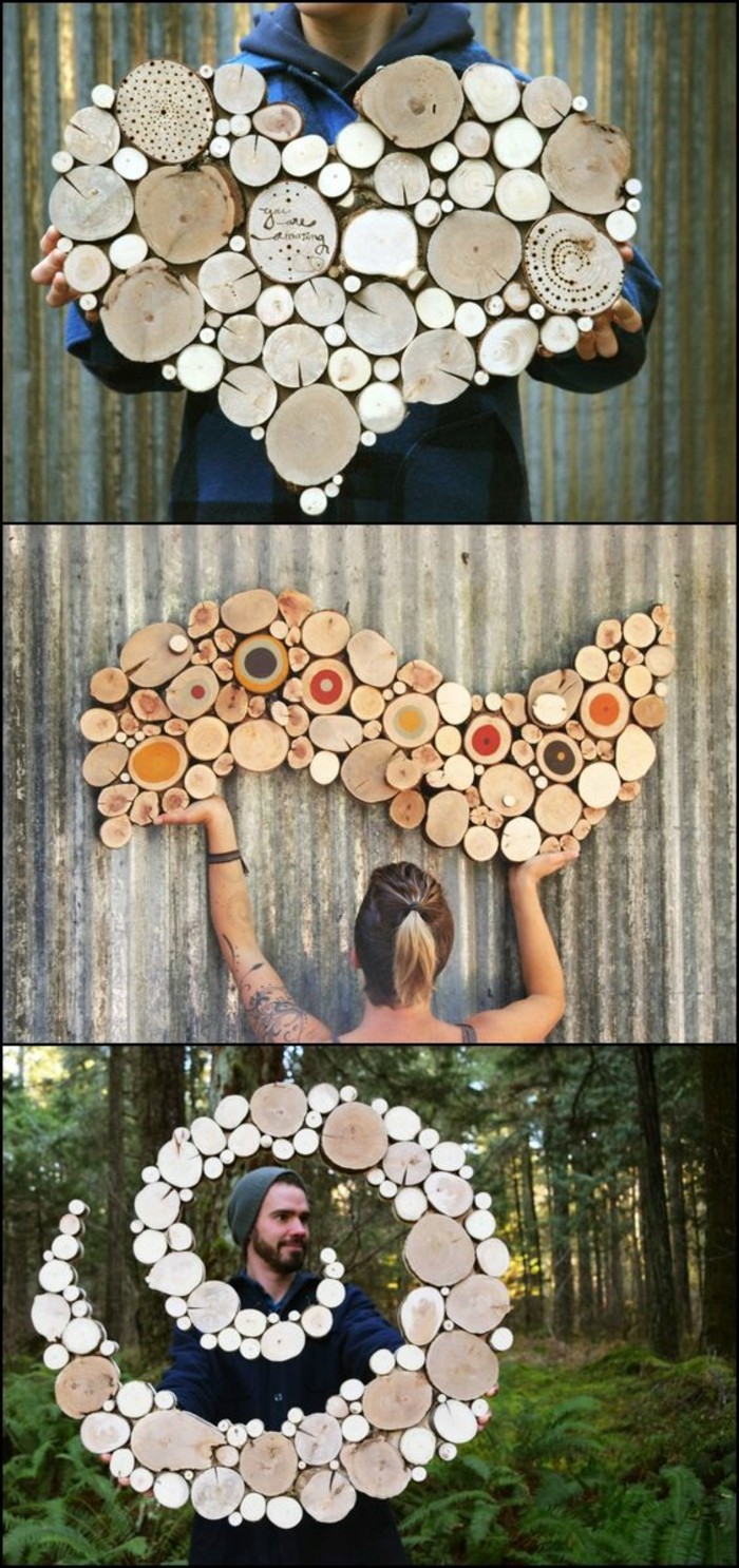 décorations à faire avec des troncs d'arbre, coeur en troncs d'arbre, spirale 