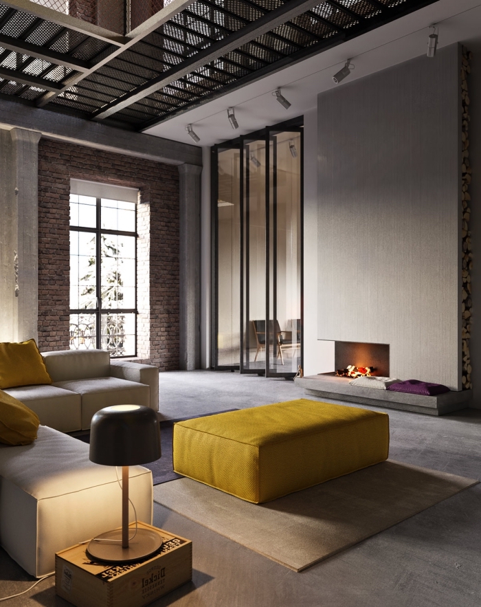 exemple loft industriel contemporain aux murs béton, modèle canapé d'angle en cuir blanc décoré avec coussins cuir jaune