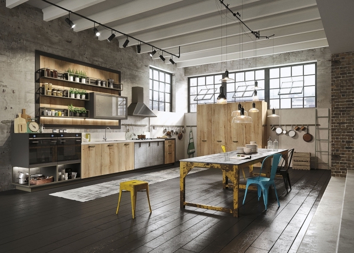 comment décorer une cuisine bois et gris de style industrielle, idée meuble style industriel, éclairage rail industriel