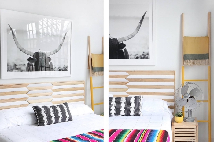 décoration minimaliste dans une chambre blanche avec meubles bois, comment personnaliser facilement une tête de lit en bois