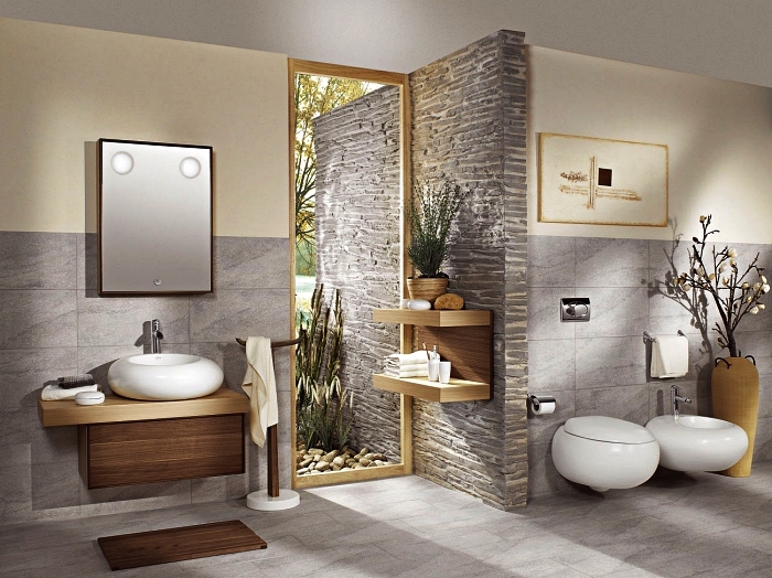 aménagement d'une salle de bain zen et naturelle de style japonais, des carreaux grand format gris clair qui revêtent le sol et une partie des murs