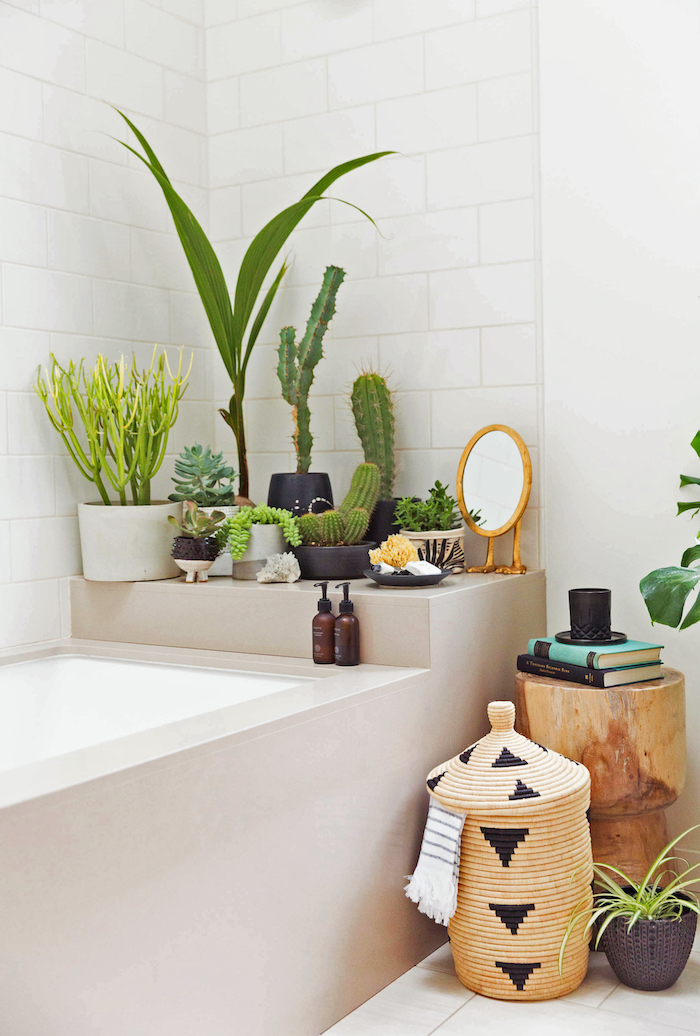 Cactus et palmier dans la salle de bain design, déco baignoire, meuble sdb, salle de bain en bois et blanc, comment décorer
