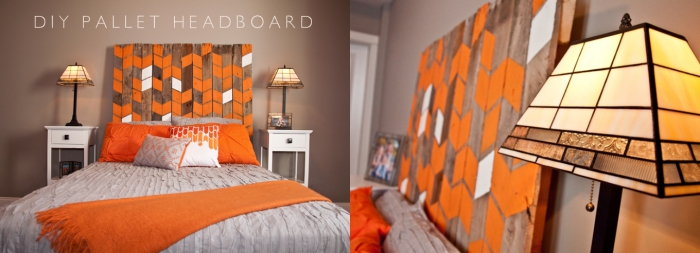 comment fabriquer une tete de lit en bois, personnaliser une tête de lit avec peinture, déco chambre orange et beige