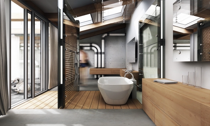 modèle de salle de bain contemporain aux murs béton avec tuyaux apparents, agencement salle de bain avec baignoire et cabine douche