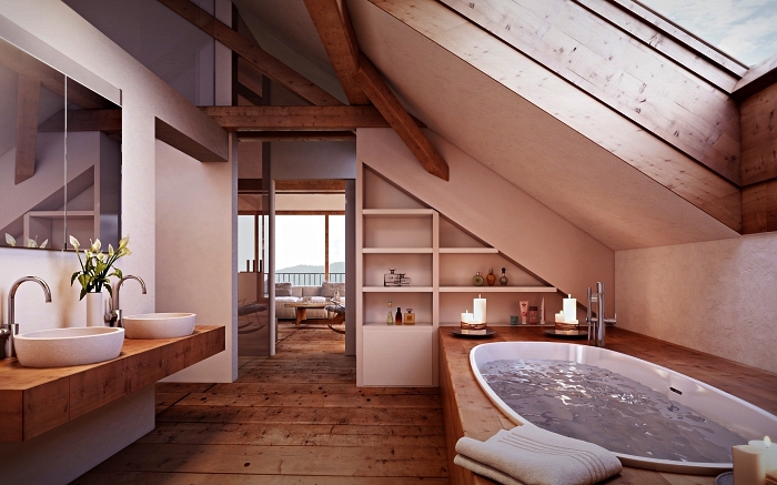 deco salle de bain zen aménagée sous pente avec baignoire au bord en bois et plan vasque en bois, étagère sous pente aménagée sous les combles
