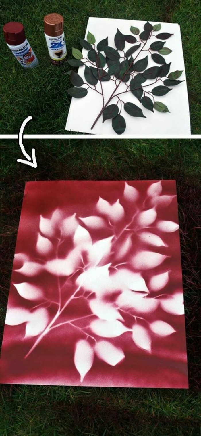 peinture à pulvériser couleur burgundy, silhouette de branche imprimée sur une feuille papier