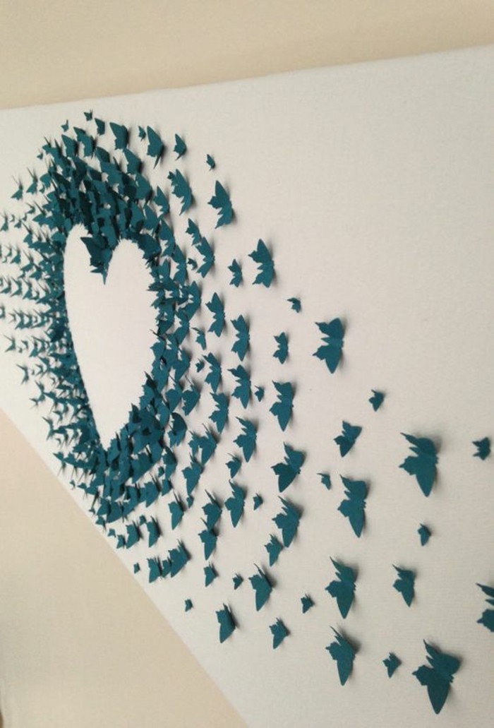 papillons bleus, papillons 3d en papier, idée de bricolage pour le mur, coeur en papillons 3d