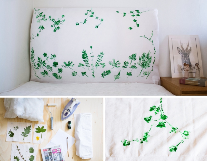 technique empreintes floraux sur tissu avec peinture verte, fabriquer une tete de lit en bois et tissu personnalisé