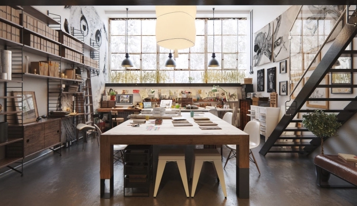 déco style industriel dans une cuisine aménagée avec meubles bois et fer, idée suspension luminaire en métal