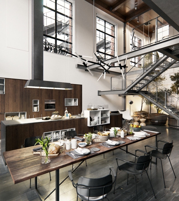 modèle de table à manger bois brut et métal, idée déco de cuisine industrielle aux murs blancs avec meuble bois et gris foncé