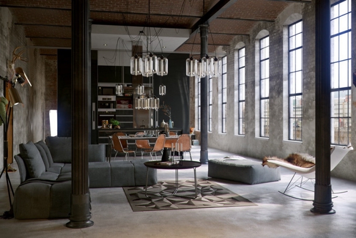 design intérieur tendances déco moderne, idée salon style industriel avec meubles matériaux bruts, modèle de canapé gris anthracite
