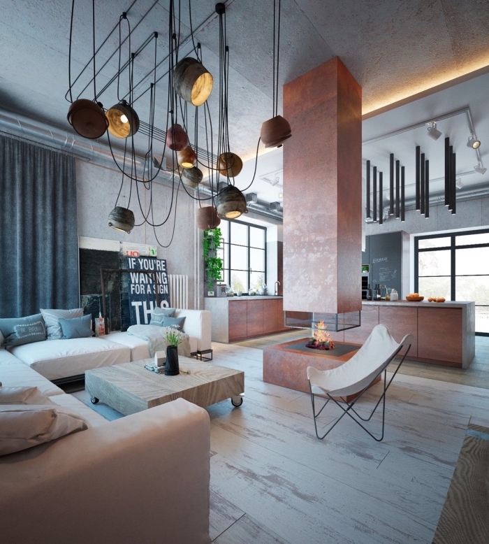 déco industrielle salon contemporain, loft moderne avec plancher bois et plafond béton aux murs gris clair, plantes vertes d'intérieur