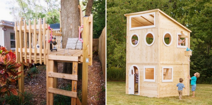 maison pour jeux d'enfants extérieur, exemple terrasse bois sur pilotis avec échelle pour jeux, fabriquer un abri de jardin avec des palettes