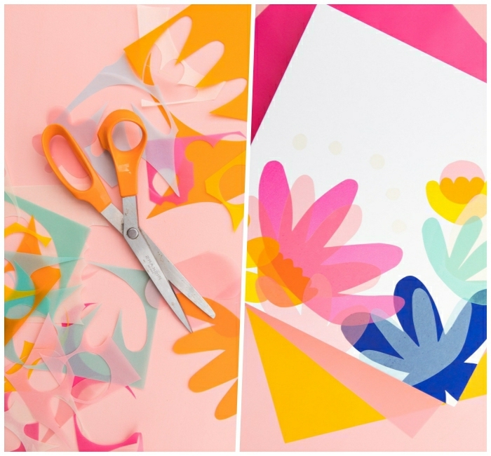 décoration murale à faire soi même, ciseaux, fleurs colorées découpées en papier, feuille en papier