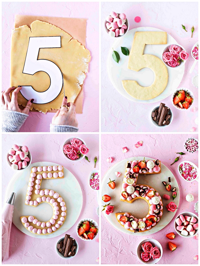 gateau anniversaire simple et beau en forme de chiffre, gâteau biscuit anniversaire 5 ans au glaçage rose