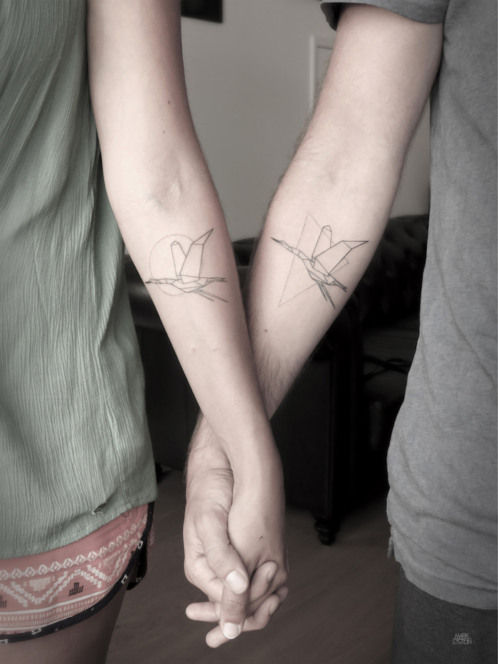 Géométrique tatouage couple, papier art idée tatouage graphique oiseau, quel est la signification de mon tatou