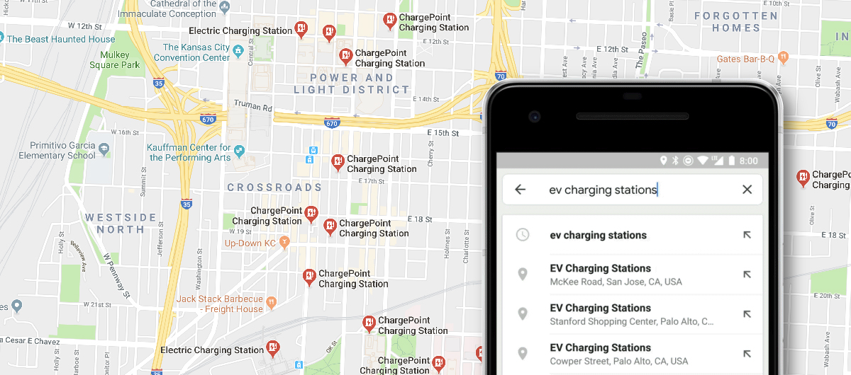 image Google Maps qui permet désormais de localiser en direct les bornes de recharge disponibles pour voitures électriques