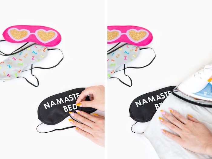 modèle de masque de sommeil noir personnalisé avec lettres namaste, comment réaliser transfert lettres sur tissu, idée cadeau a faire soi meme