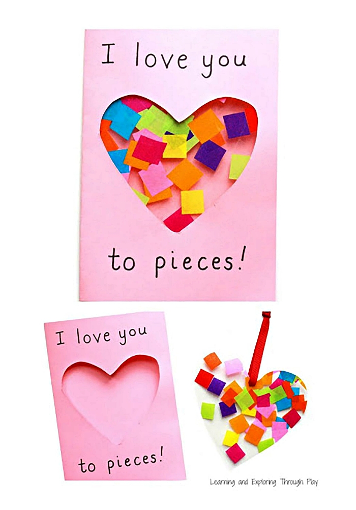idée de cadeau fête des mères a faire soi meme, carte à découpe coeur décorée avec des confettis multicolores