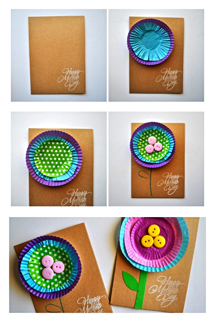 idée de cadeau fête des mères maternelle, carte faite-maison en papier kraft décorée d'une fleur réalisée avec des caissettes à muffins