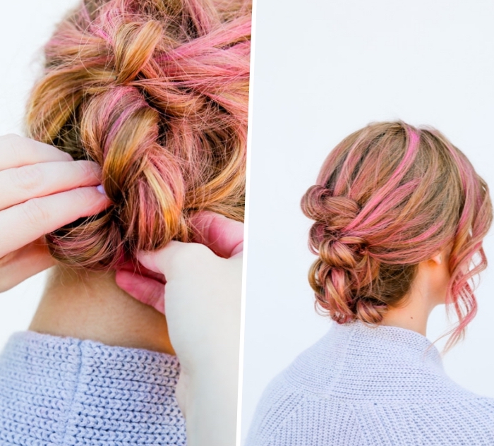 modele de coiffure femme chignon banane tressé avec des mèches roses sur cheveux chatain clair, coiffure boheme chic originale