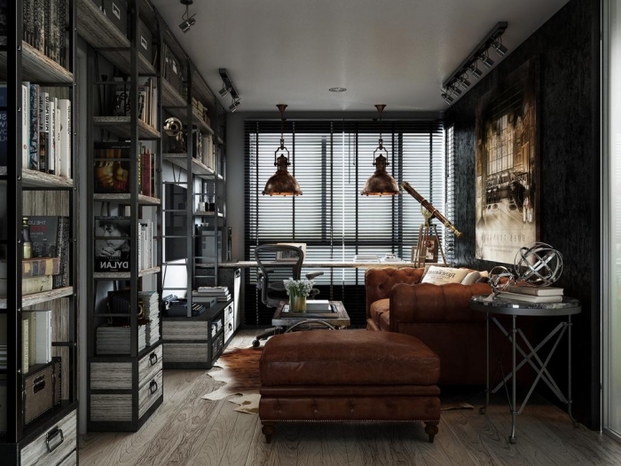 comment aménager un coin bureau à domicile en style industriel, idée meuble style industriel en cuir marron foncé