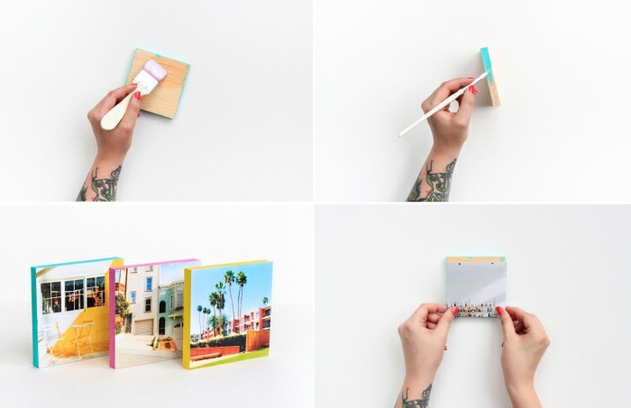 mur photo, cubes en bois peints avec couleur turquoise, idée de bricolage avec photos instagram