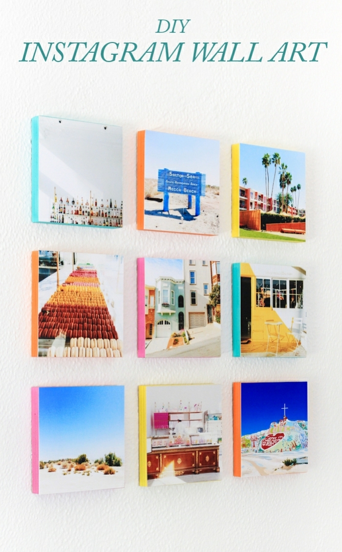 mur de photos, photos instagram de voyages en belles couleurs disposées au mur