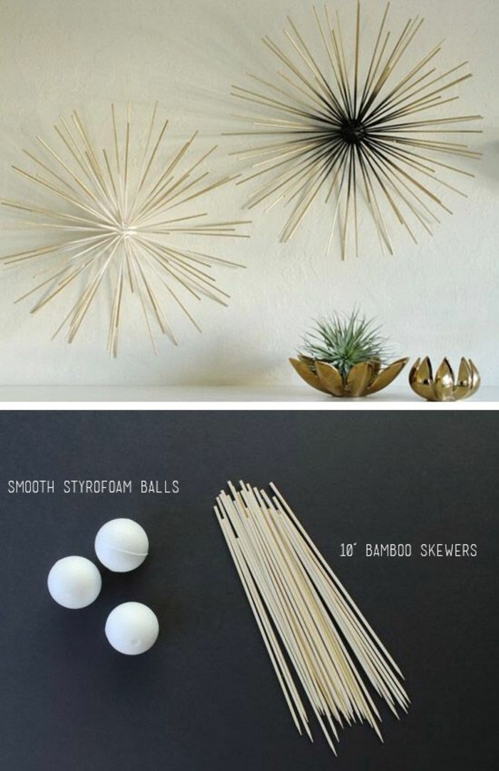 idée bricolage facile avec boule de polystyrène et brochettes bambou, deco murale bois