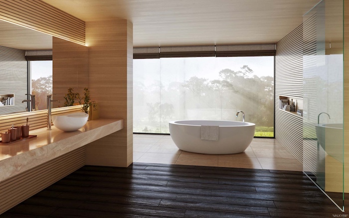 Vaste salle de bains avec baignoire et belle vue de la forêt, design salle de bain gris et blanc, beaux accessoires salle de bains
