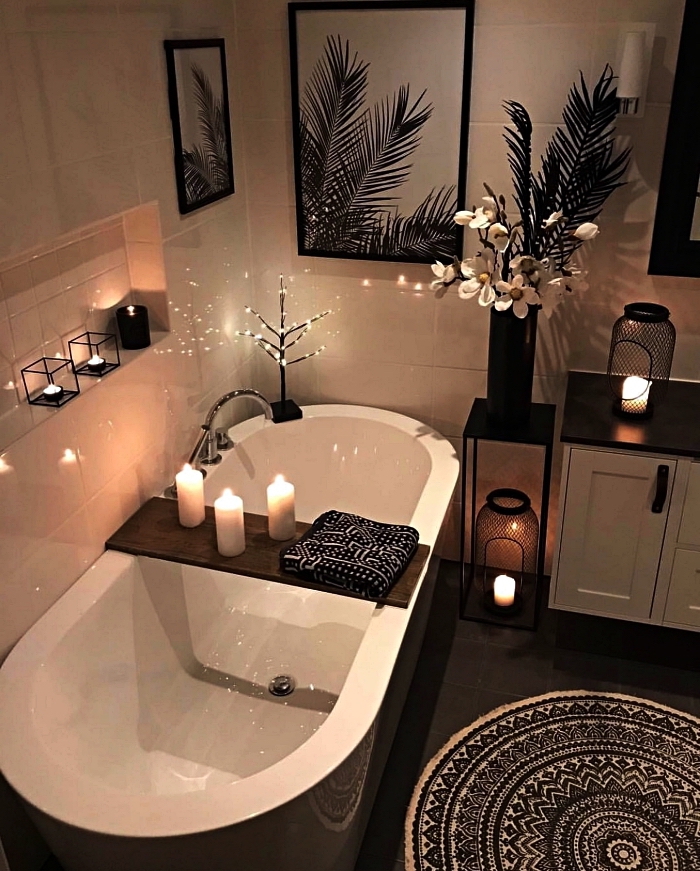 inspiration salle de bain d'ambiance relaxante avec baignoire, déco salle de bains zen avec bougies 