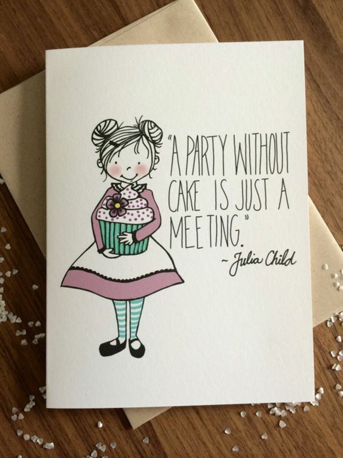 carte de voeux à dessin d'anniversaire petite fille tenant un cupcake accompagnée d'une citation inspirante