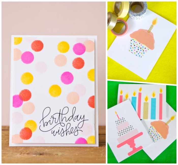 jolies cartes anniversaire à motifs colorés réalisés à l'aquarelle ou en masking tape, idées de carte de voeux à faire soi même