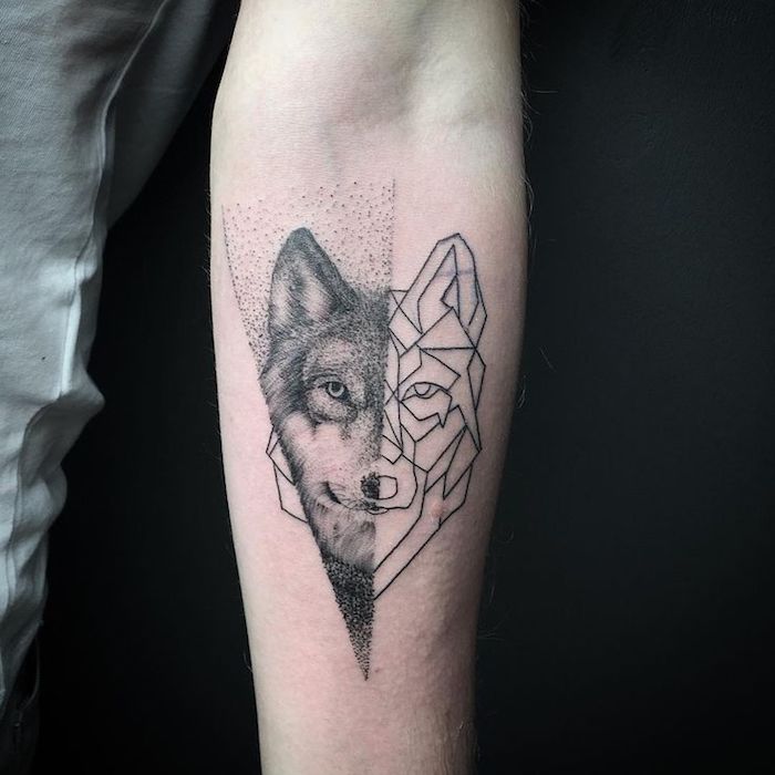 Loup géométrique dessin tatouage et loup réaliste, tatouage swag animaliste, modèle à choisir