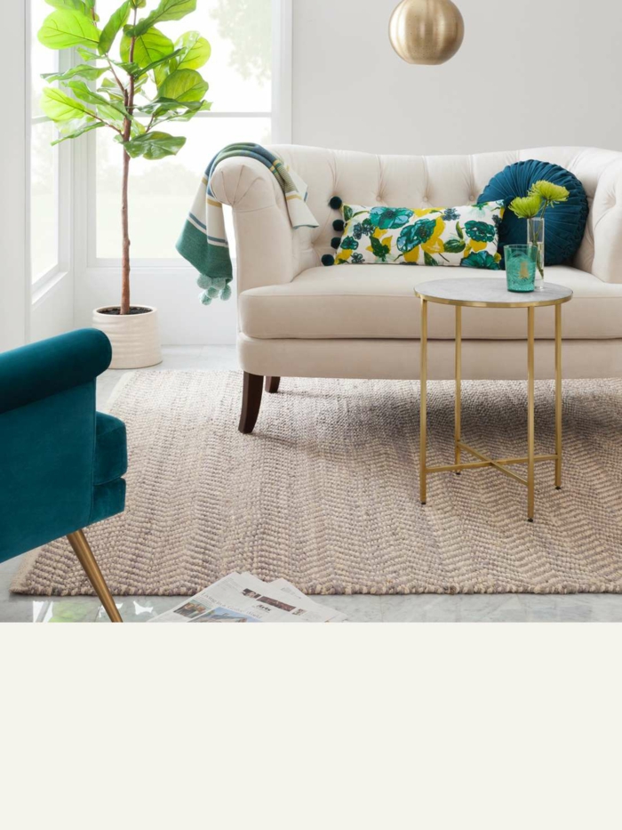 Blanche canapé avec deux sièges, arbre vert, vase de fleurs, tapis et couverture, choisir un canapé moderne