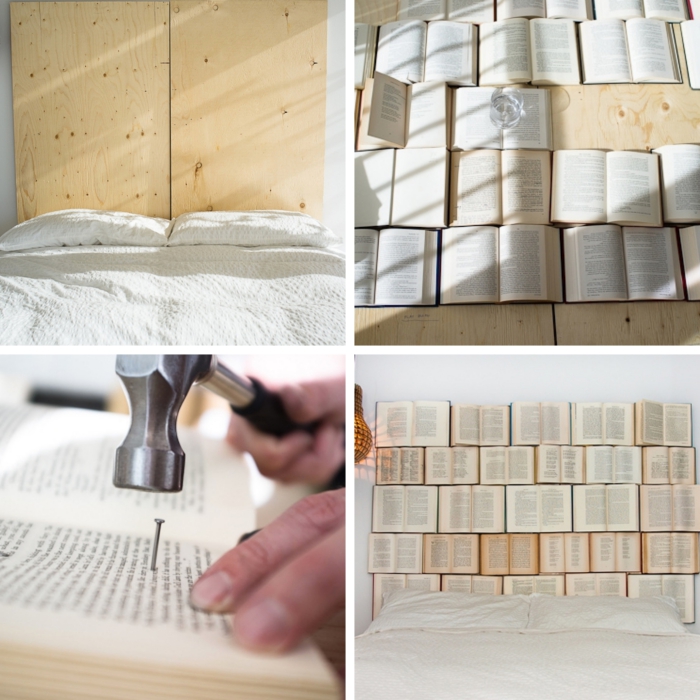 étapes à suivre pour faire une tete de lit avec livres, comment fixer des livres sur un contreplaqué pour réaliser tête de lit