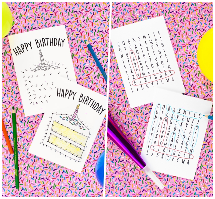 modèles de carte d'anniversaire à imprimer recto verso avec des jeux de mots mêlés et de points à relier su