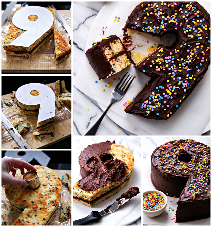 comment faire un number cake recette de génoise à la vanille, génoise découpée en forme de chiffre recouverte de glaçage au chocolat, gâteau d'anniversaire enfant de 9 ans
