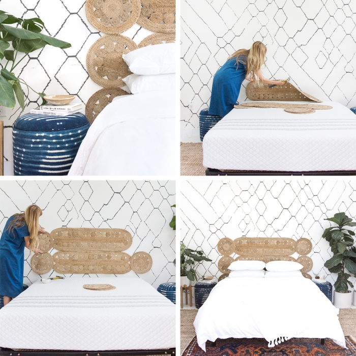 utiliser sets de table en paille pour créer une tete de lit fait maison originale, design intérieur bohème chic avec objets ethniques
