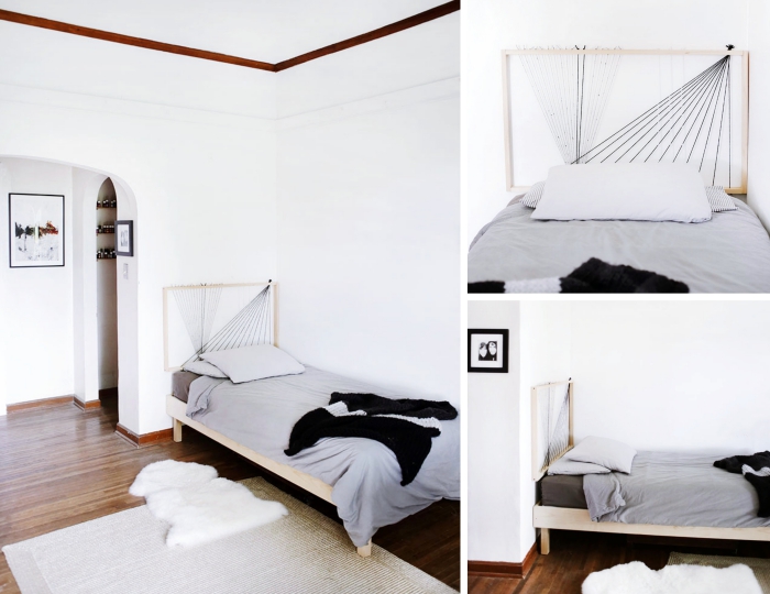 quelle tete de lit originale faire soi-même, modèle tête de lit en cadre bois avec fils, déco minimaliste dans une chambre blanche
