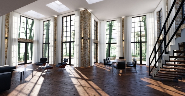 exemple décoration de pièce à plafond haut avec meubles cuir et bois, modèle escalier moderne sans contremarches, salon style industriel