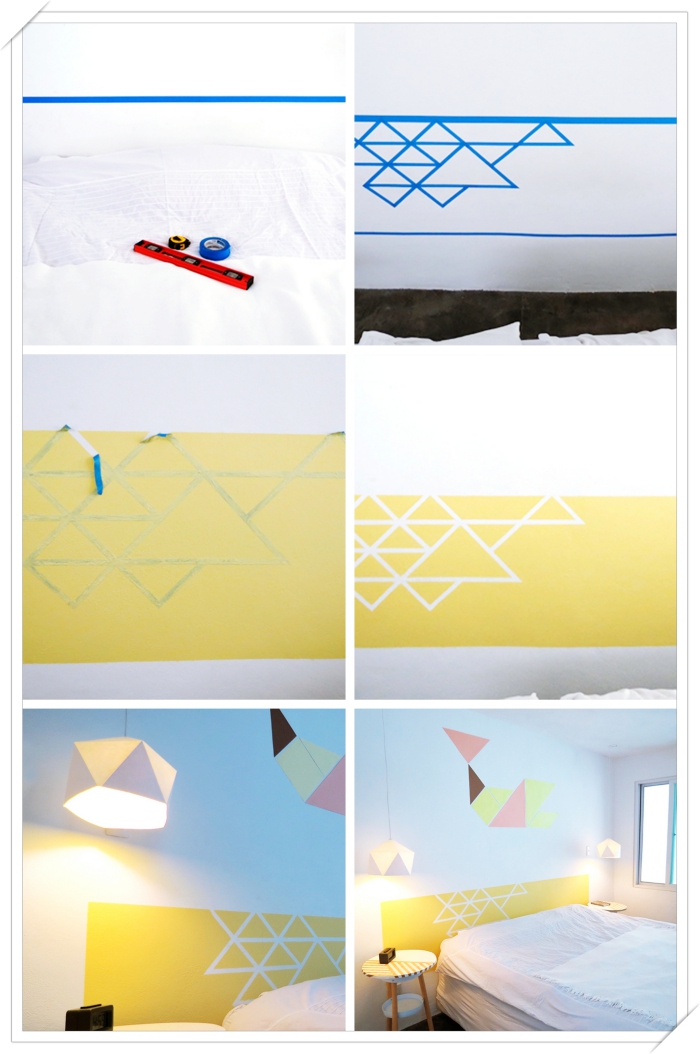 exemple de tete de lit originale en peinture, comment peindre les murs dans une chambre d'enfant, diy tête de lit aux motifs géométriques